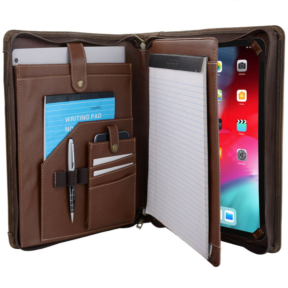 Professional Leather Portfolio with Zipper, Business Padfolio Folder Organizer for iPad 12.9/ 11 /10.9 / 10.5 / 10.2 / 9.7 inch and MacBook / Surface Book 13-inch