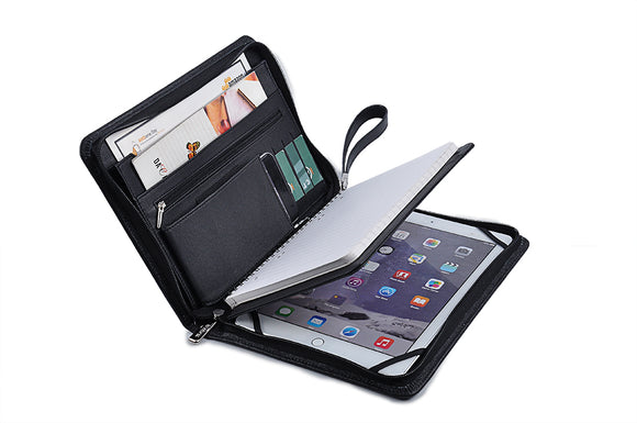 Portfolio Case with Wrist Strap, Leather Organizer Folio for 9.7 inch iPad or Tablet and A5 Notepad