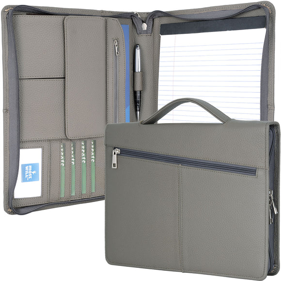 Leather Organizer Portfolio with Handle, Zipper Business Padfolio with Notepad Holder, Ideal for Right or Left-Handed