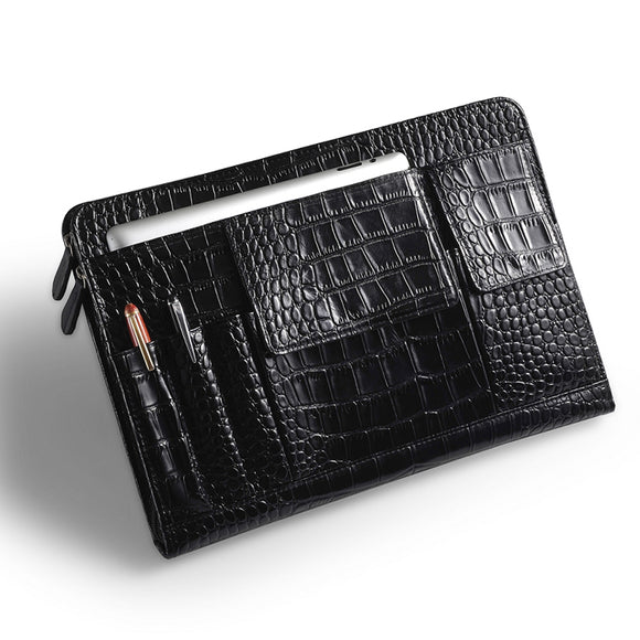 Crocodile-Pattern Black Leather Portfolio Case With Organizer Pockets