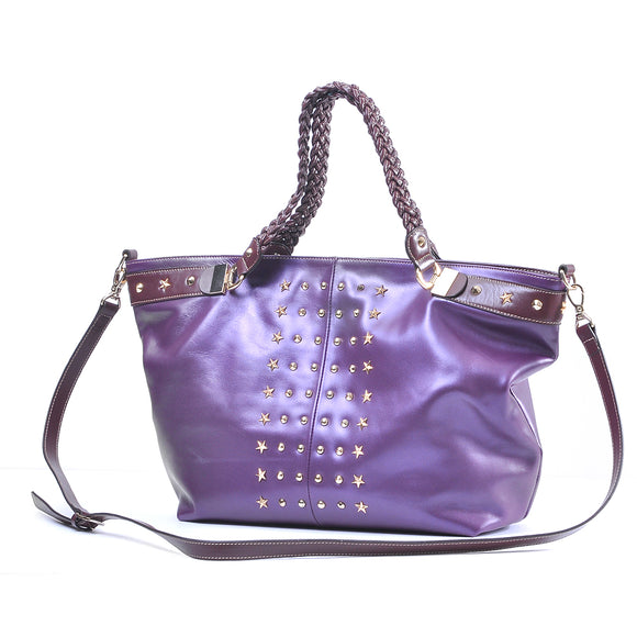 Pearlescent Purple Leather Designer Tote Bag with Shoulder Strap