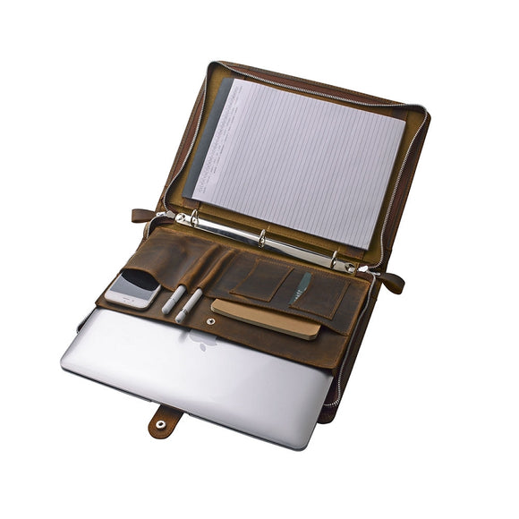 Rustic Leather Organizer Laptop Portfolio with 3-Ring Binder for 13 inch MacBook and A4 Notepad