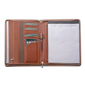 Leather Padfolio Zipper Organizer Portfolio Case with Storage for A4 Notepad and Your Essentials,Brown