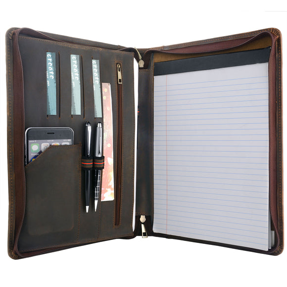 Vintage Crazy-Horse Leather Portfolio Document Folder A4 Notepad Padfolio with Handle, for iPad/ Surface/ 12