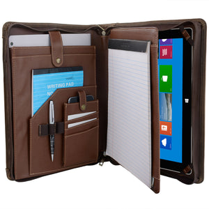Professional Leather Portfolio with Zipper, Business Padfolio Folder Organizer for Surface Pro 7 / 6 / 5 / 4 or New Surface Go/ Pro X  and MacBook 13-inch