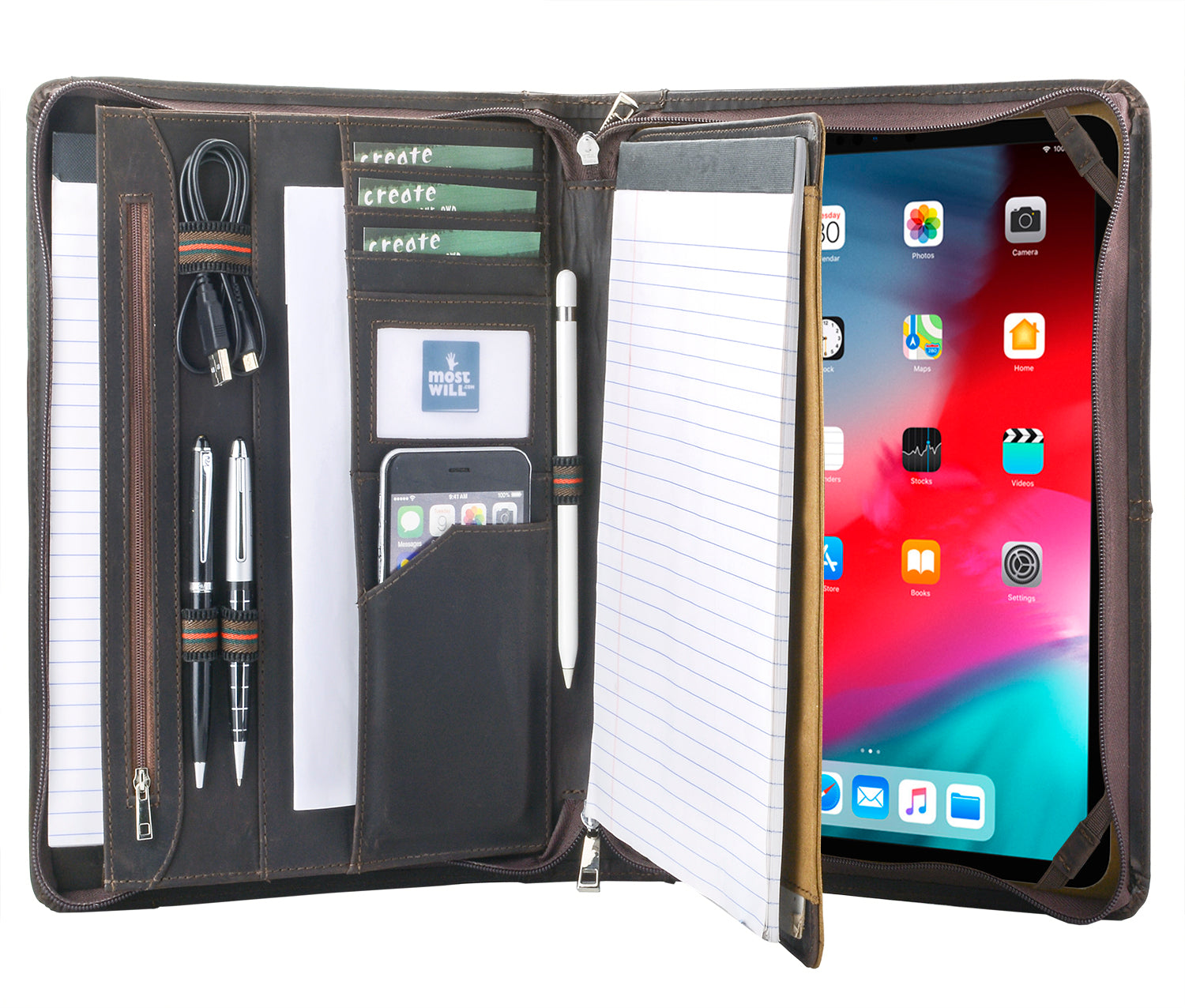 Professional Padfolio Organizer Vintage Genuine Leather Portfolio Case with  A4-Sized Notepad Holder for iPad 12.9 / 10.5 / 11.2 / 11/ 9.7 in