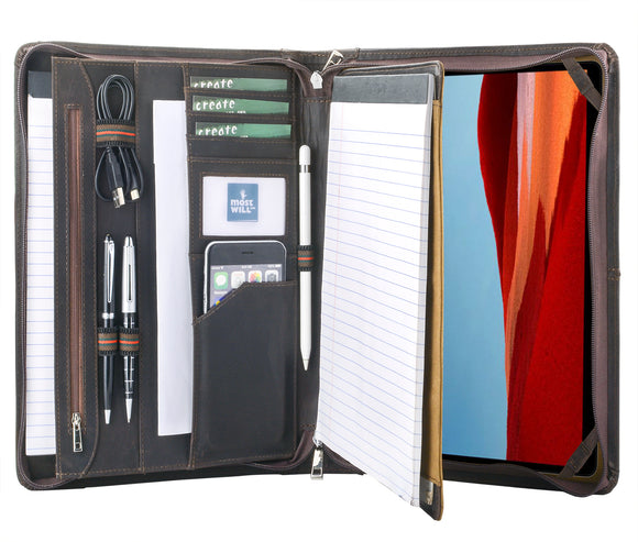 Professional Padfolio Organizer Vintage Genuine Leather Portfolio Case with A4-Sized Notepad Holder for Surface Pro 7 / 6 / 5 / 4 or New Surface Go/ Pro X