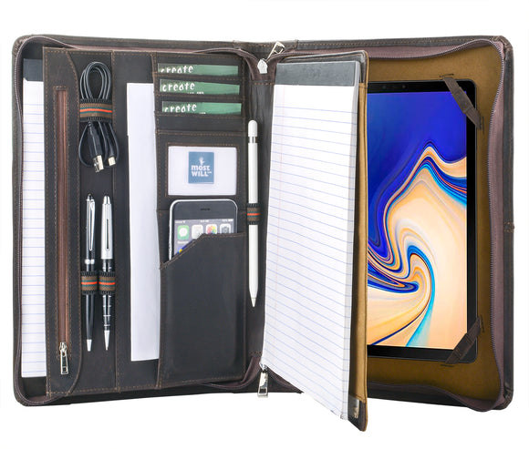 Professional Padfolio Organizer Vintage Genuine Leather Portfolio Case with A4-Sized Notepad Holder for Samsung Galaxy Tab