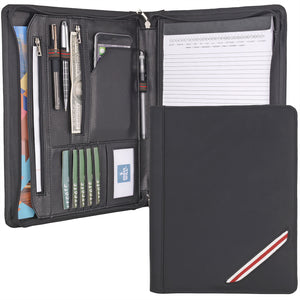 Vintage Leather Portfolio Organizer, Business Zipper Padfolio Folder with A4 Notepad Holder, Black