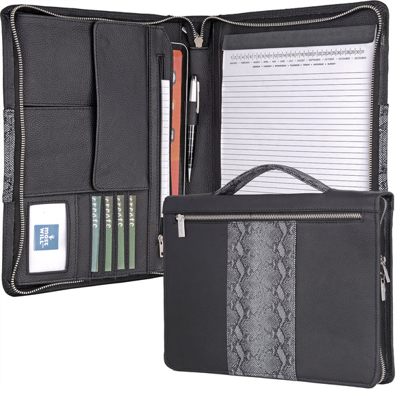 Leather Zipper Portfolio with Handle, Business Organizer Padfolio with Notepad Holder, Ideal for Right or Left-Handed