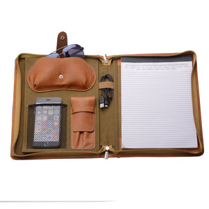 Zippered Leather Portfolio Folder with Notepad Holder, Writing Pad Portfolio with Pen Case and Glasses Pocket