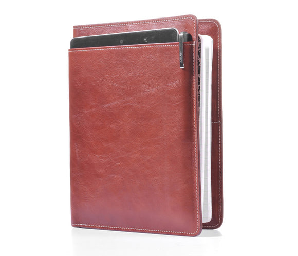 Notebook Cover with iPad pocket in brown real leather