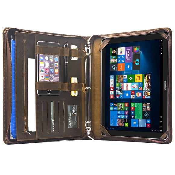 Zippered Portfolio Crazy Horse Leather Portfolio with 3-Ring Binder for A4 Documents and Samsung Galaxy TabPro S 12