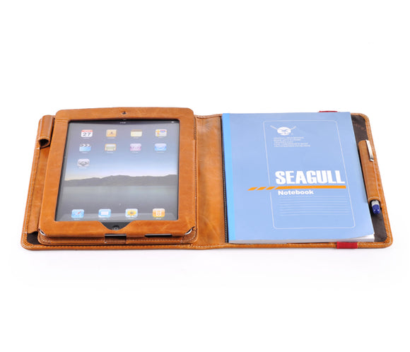 iPad portfolio case with notebook space in brown real leather