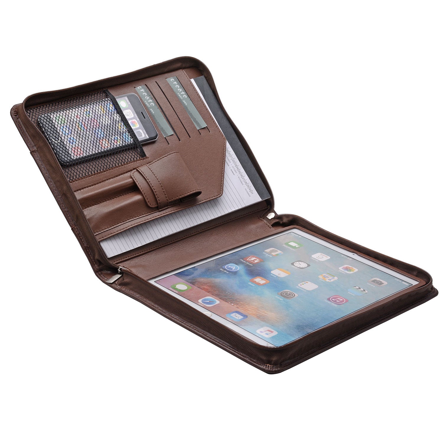 iPad Pro Leather Portfolio Case with Pen Case, Designer Zipper Organiz